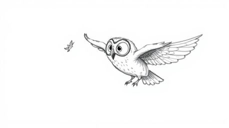 A charming, hand-drawn sketch in the style of Pixar portrays a blind owl, rendered with soft, textured pencil strokes, teachi
