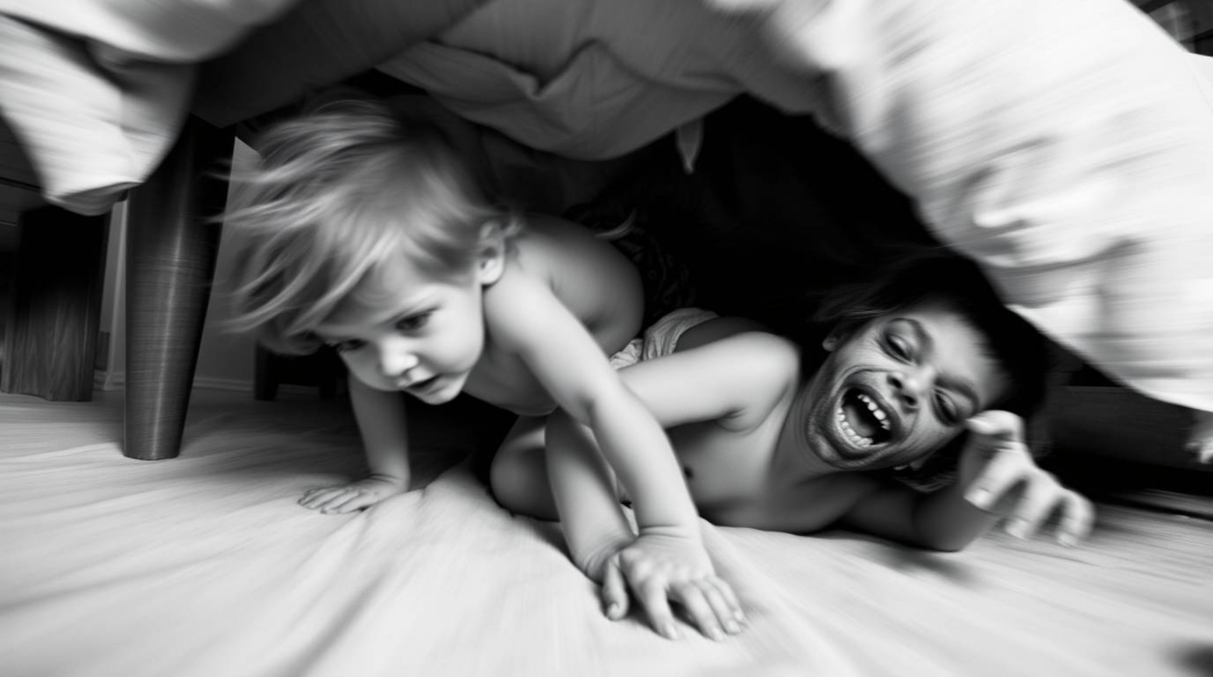 A timeless and elegant surreal image depicts a child and a monster under a bed, in a dynamic and blurred motion.  The fantast