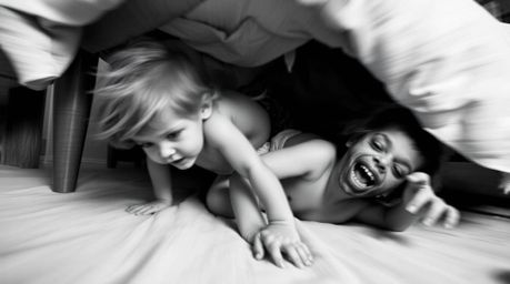 A timeless and elegant surreal image depicts a child and a monster under a bed, in a dynamic and blurred motion. The fantast