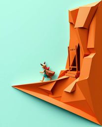 Embark on a captivating desert adventure with a Disney-style hero brought to life through intricate origami-style illustratio