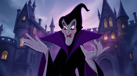 A classic Disney villain with subtly sinister features is depicted casting a spell within a dreamlike and mystical old castle