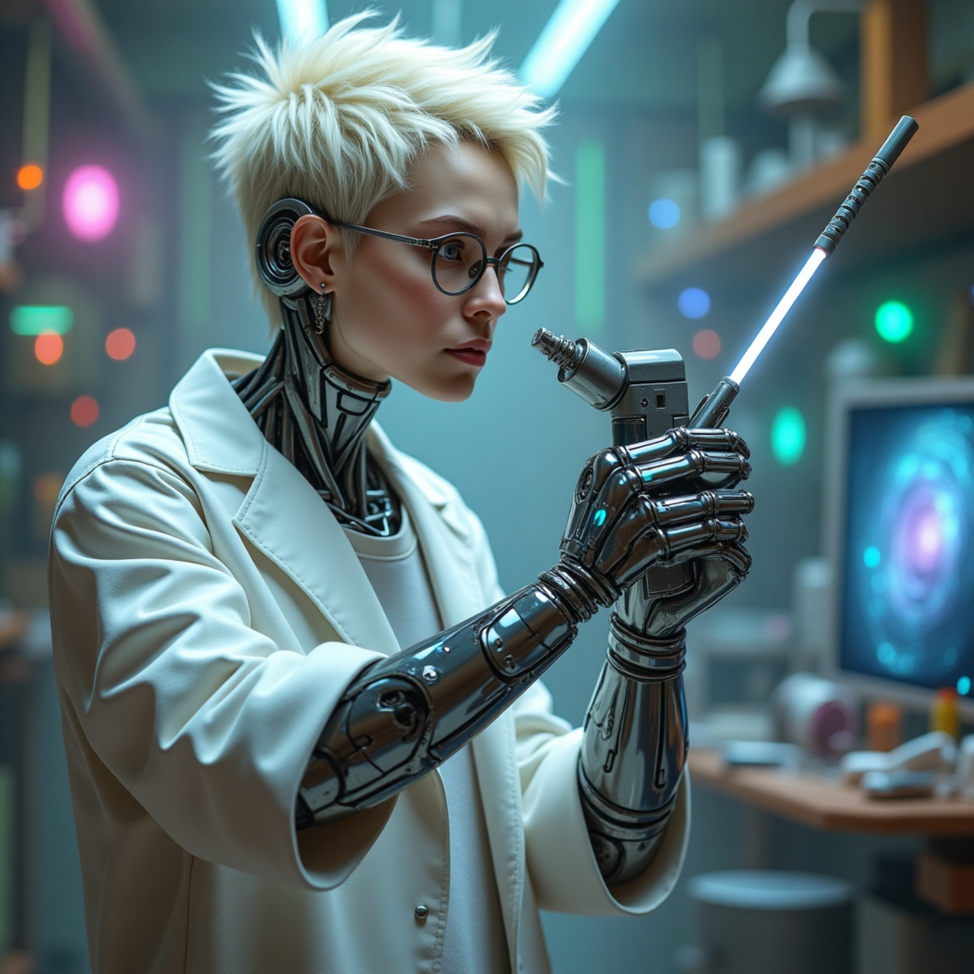 A bespectacled futuristic scientist with short, spiky white hair and robotic arms stands in a cluttered laboratory filled wit