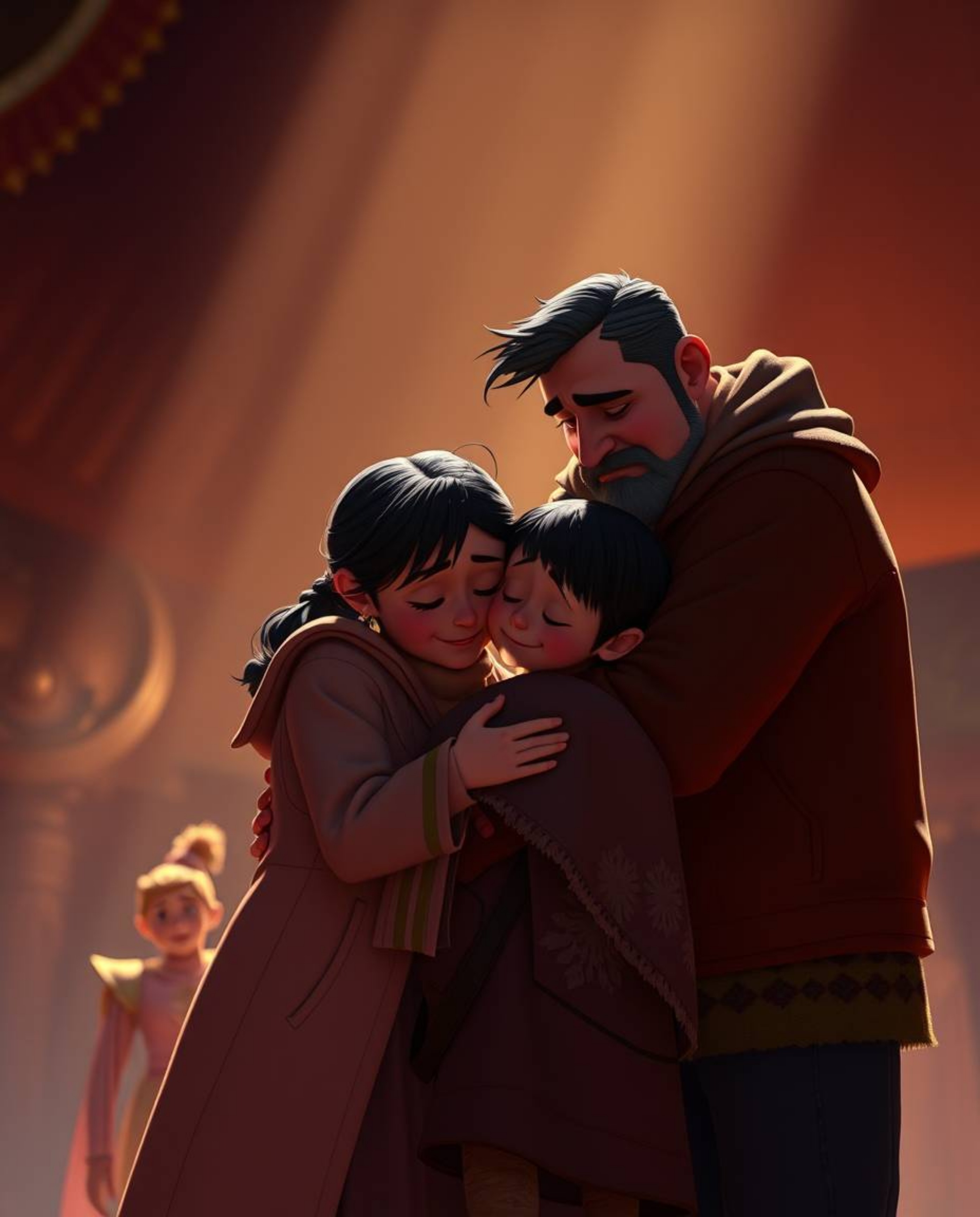 Witness a powerful and moving family reunion captured in a grand, epic style reminiscent of Pixar. This scene features heroic