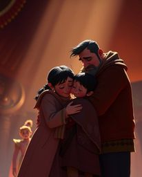 Witness a powerful and moving family reunion captured in a grand, epic style reminiscent of Pixar. This scene features heroic