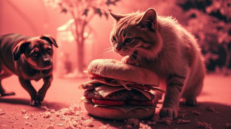 Witness a surreal and dramatic scene captured in infrared: a dog and cat locked in an intense struggle over an impossibly lar
