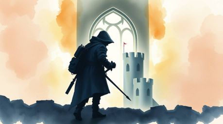 A delicate watercolor painting depicts a thief silhouetted against a bright backlight, carefully sneaking into a heavily guar