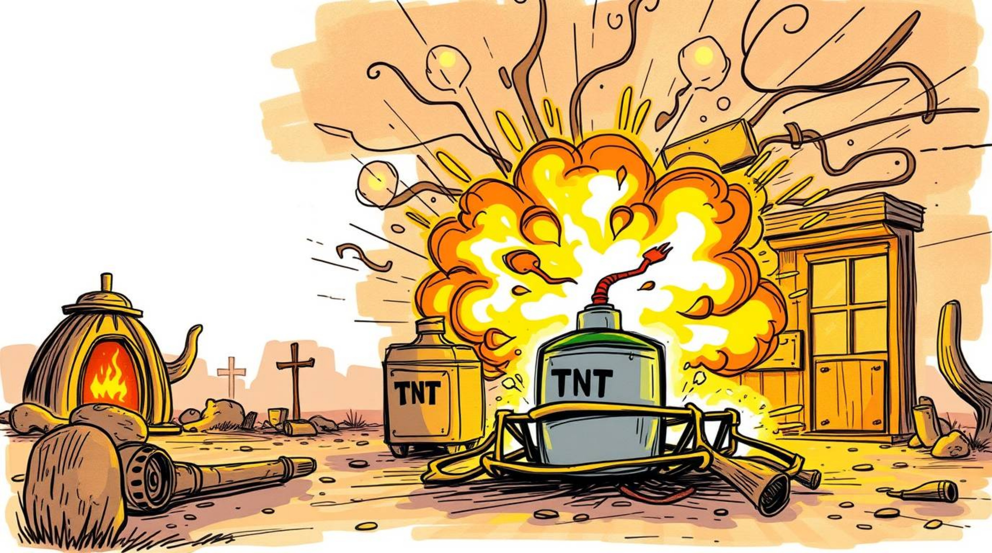 A charming and adorable hand-drawn sketch in a color sketchnote style captures a classic exploding TNT gag set in the wild we