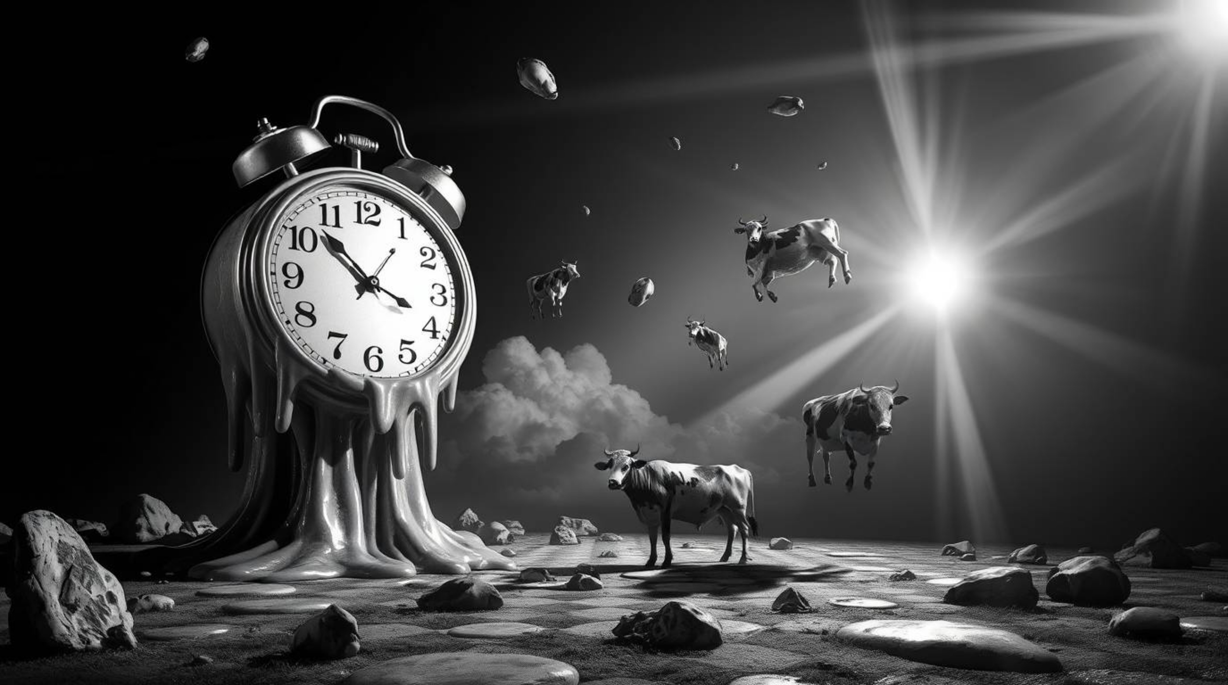 A timeless and elegant black and white surreal dreamscape. This captivating artwork features melting clocks and floating cows