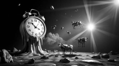 A timeless and elegant black and white surreal dreamscape. This captivating artwork features melting clocks and floating cows