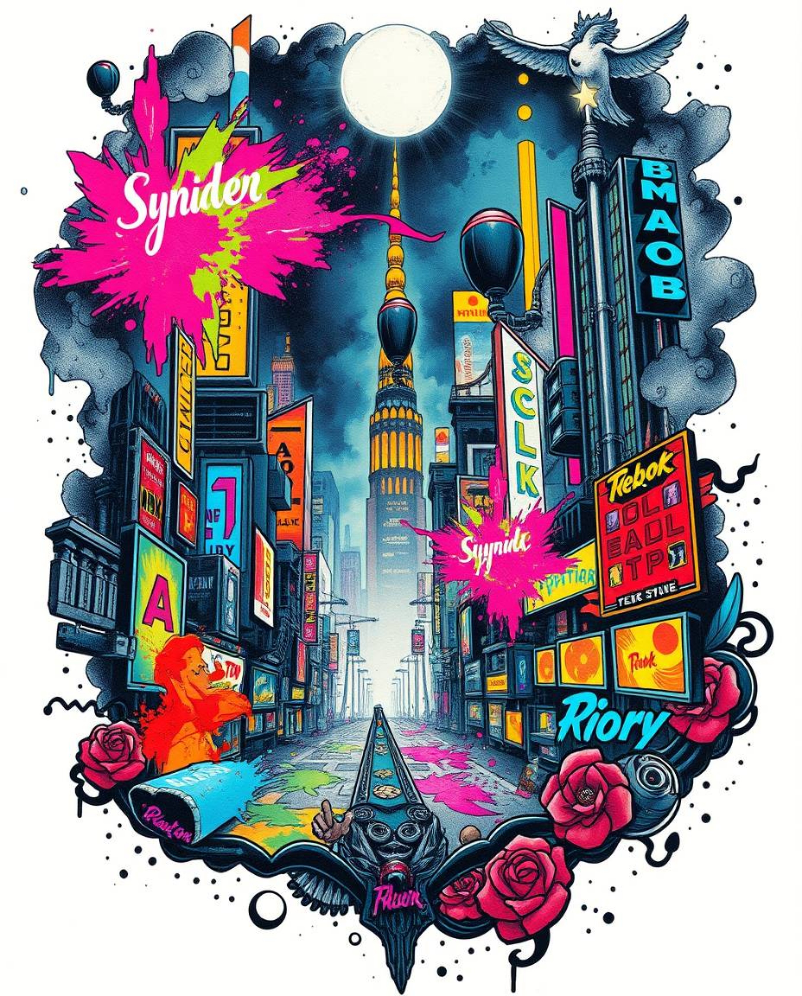 A vibrant and symbolic traditional tattoo art print showcases colorful neon splashes against a futuristic cyberpunk cityscape