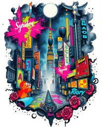 A vibrant and symbolic traditional tattoo art print showcases colorful neon splashes against a futuristic cyberpunk cityscape