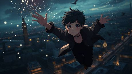A captivating dark fantasy isekai anime-style image depicts a pale young boy soaring above London's skyline, propelled by shi