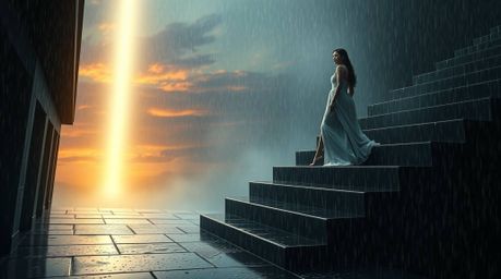 A captivating scene portrays a solitary figure ascending a stone staircase towards a radiant beam of divine light amidst a we