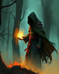 A dynamic digital sketch showcases a cloaked figure within a misty forest, clutching a luminous orb.  Rendered with loose, pa