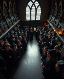 This photograph captures a magical school bustling with young wizards, utilizing unique fine art techniques to create a visua