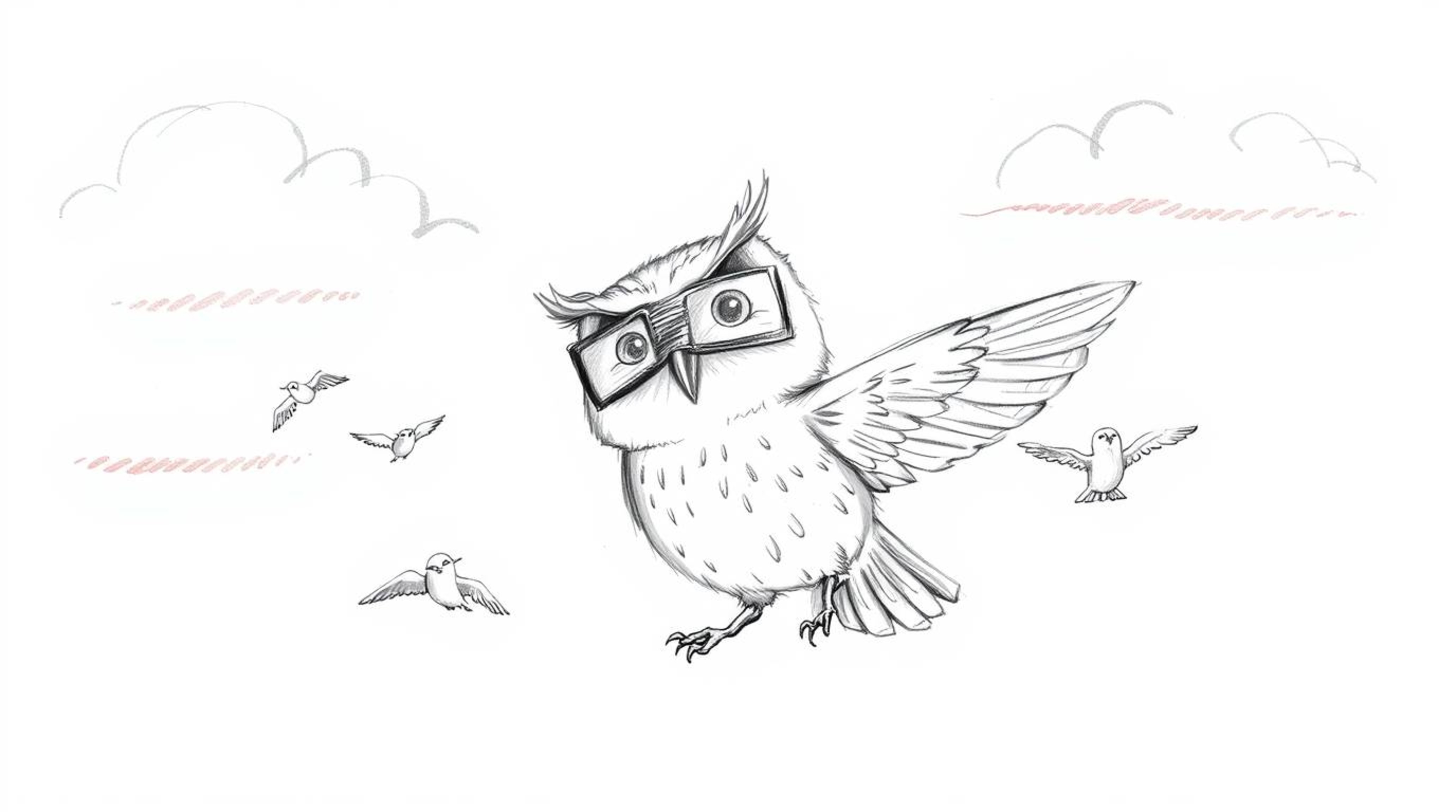 A charming Pixar-style hand-drawn sketch depicts a blind owl, with a gentle tilt of its head, leading a group of small birds 