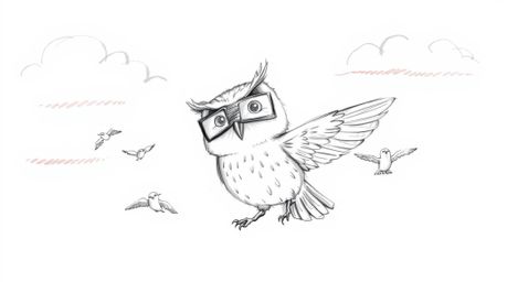 A charming Pixar-style hand-drawn sketch depicts a blind owl, with a gentle tilt of its head, leading a group of small birds 
