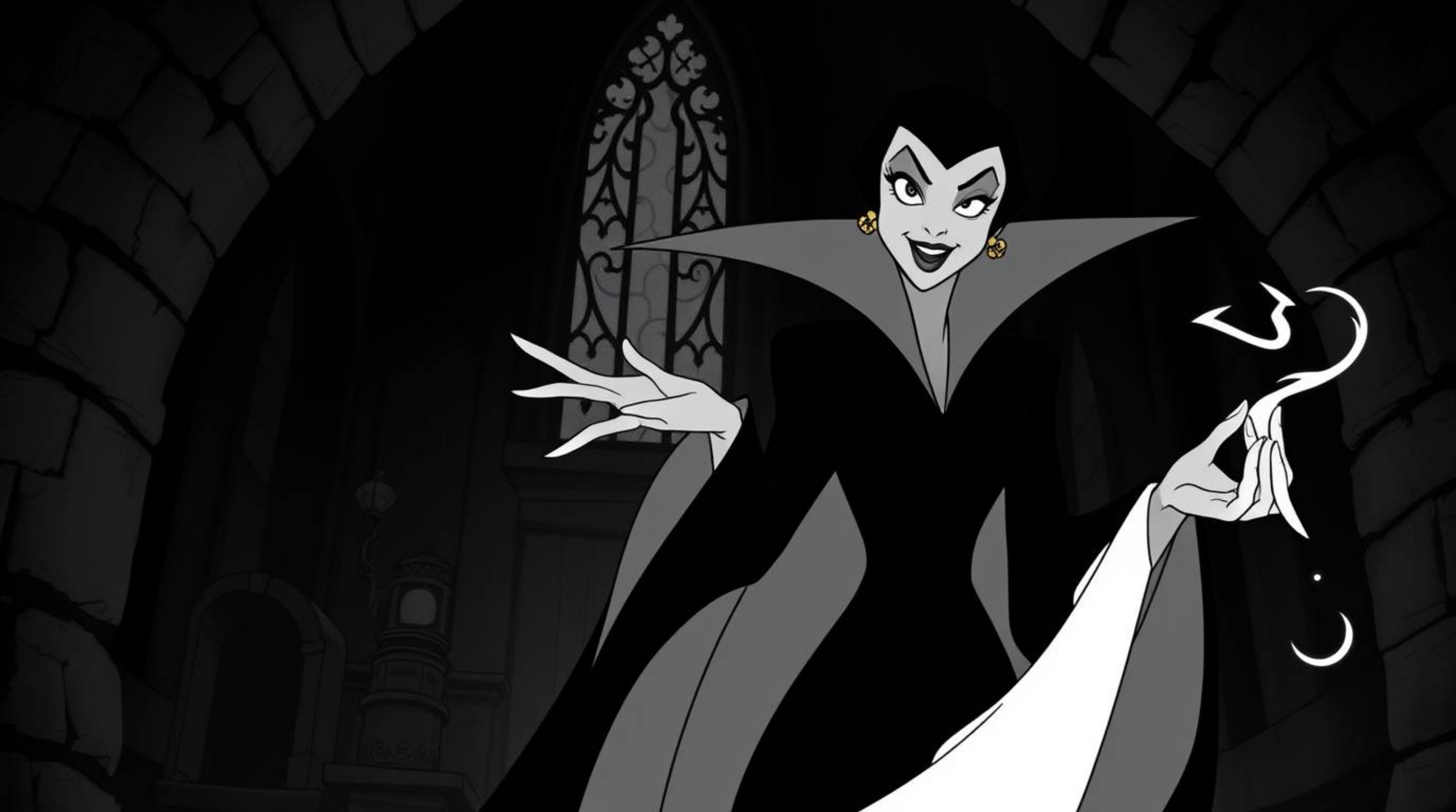 A captivating image of a classic Disney villain, exuding elegance and grace as they cast a spell within the walls of an ancie