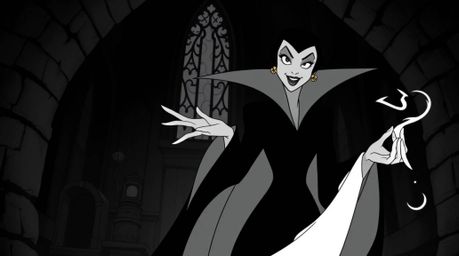 A captivating image of a classic Disney villain, exuding elegance and grace as they cast a spell within the walls of an ancie