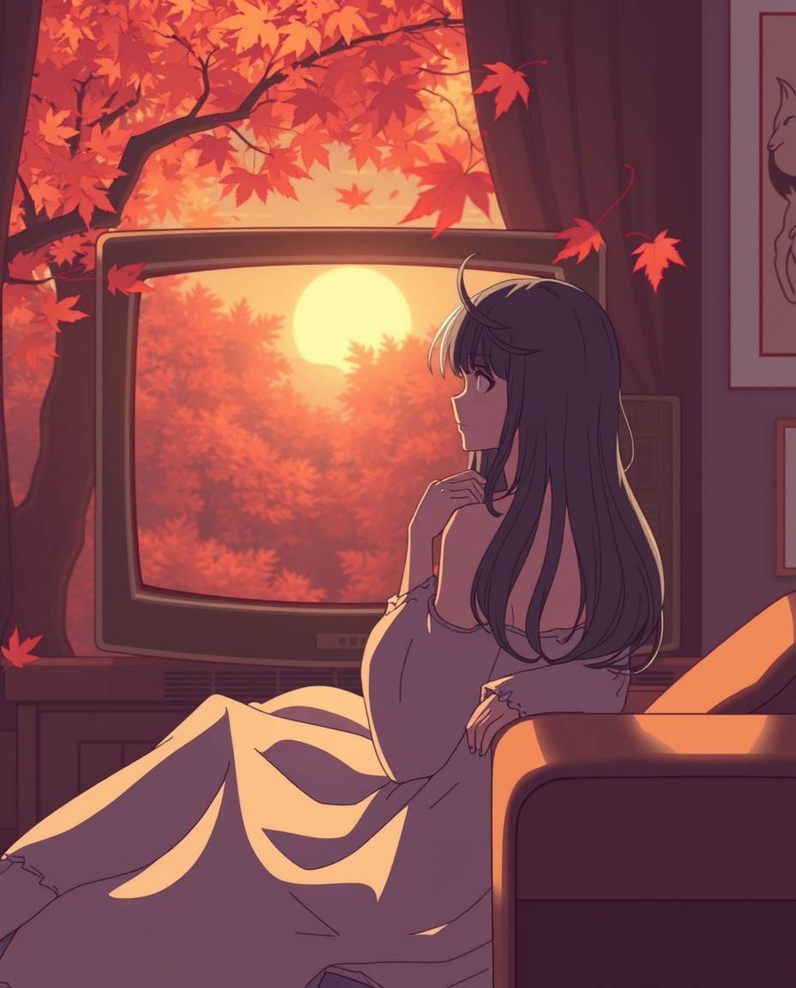 Experience a graceful and elegant Isekai anime-style image bathed in warm autumn colors. This retro scene is enhanced with TV