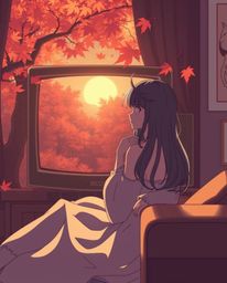 Experience a graceful and elegant Isekai anime-style image bathed in warm autumn colors. This retro scene is enhanced with TV
