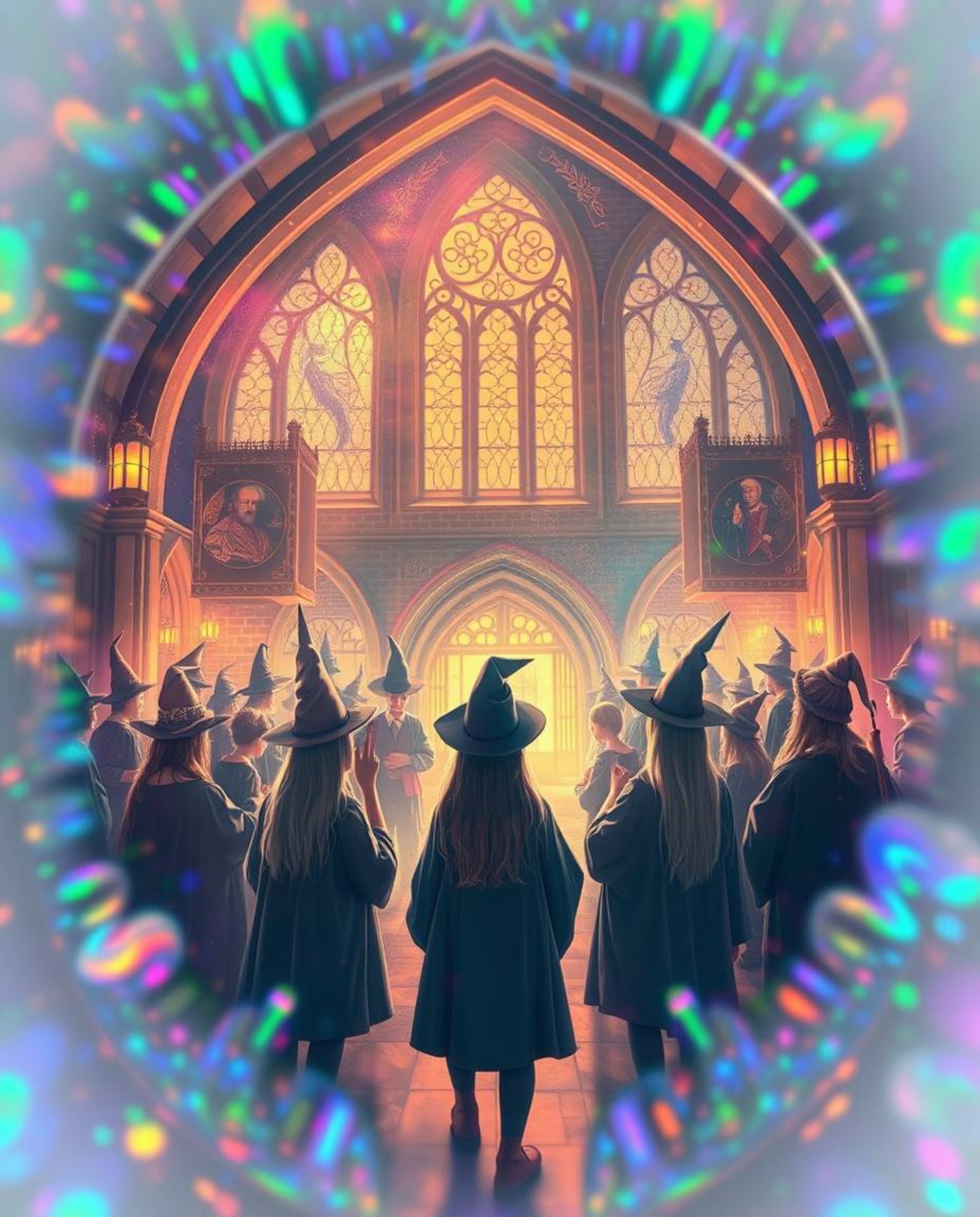 Immerse yourself in a magical school filled with young wizards, bathed in iridescent colors and an ethereal spiritual vibe.  