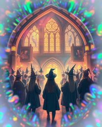 Immerse yourself in a magical school filled with young wizards, bathed in iridescent colors and an ethereal spiritual vibe.