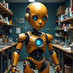 This image portrays a highly detailed, life-sized humanoid robot standing in a dimly lit, cluttered laboratory. The robot fea