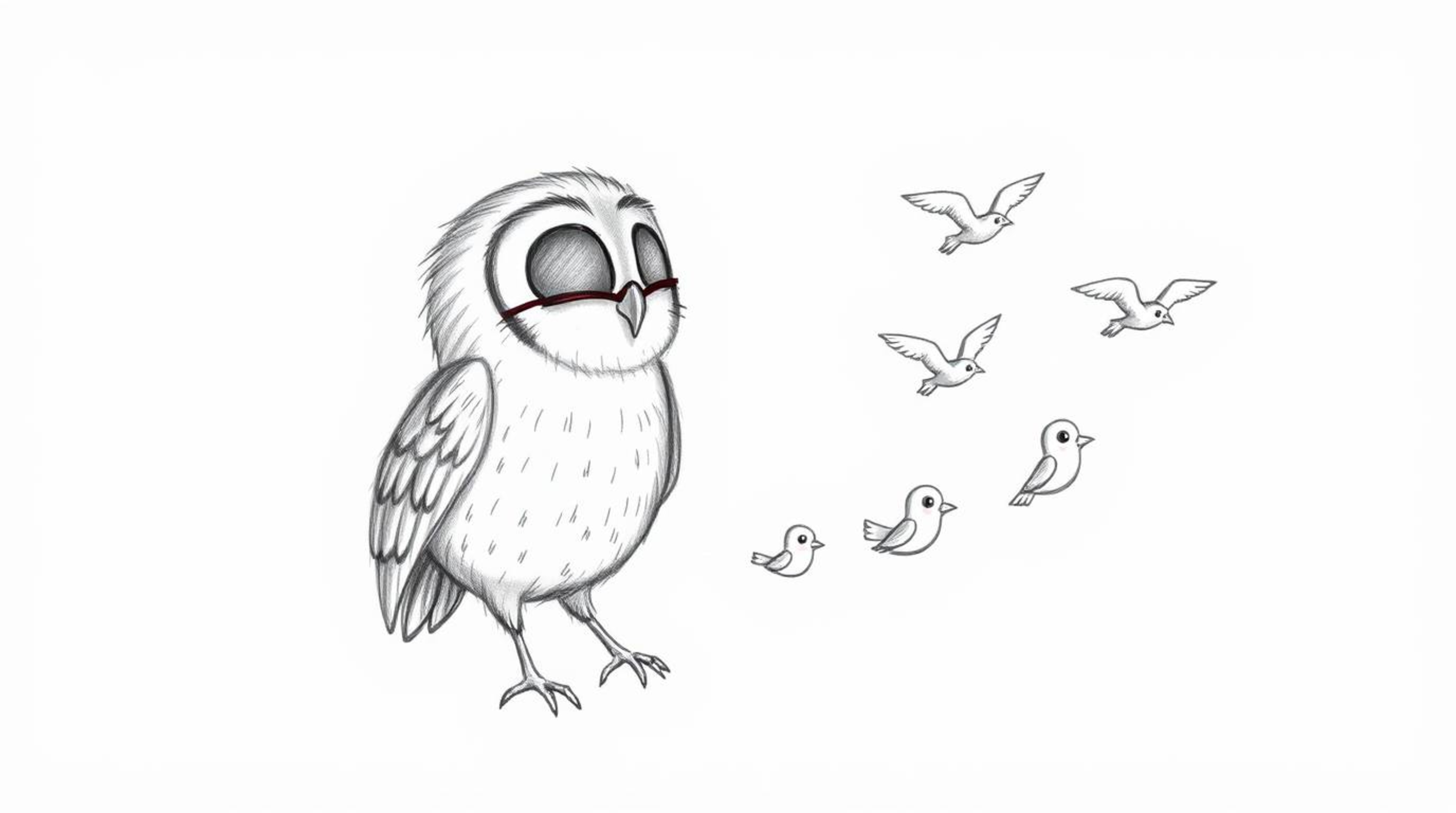 A heartwarming hand-drawn sketch reminiscent of Pixar's style portrays a blind owl, rendered with soft pencil strokes, mentor