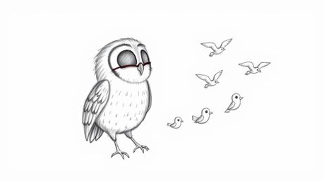 A heartwarming hand-drawn sketch reminiscent of Pixar's style portrays a blind owl, rendered with soft pencil strokes, mentor