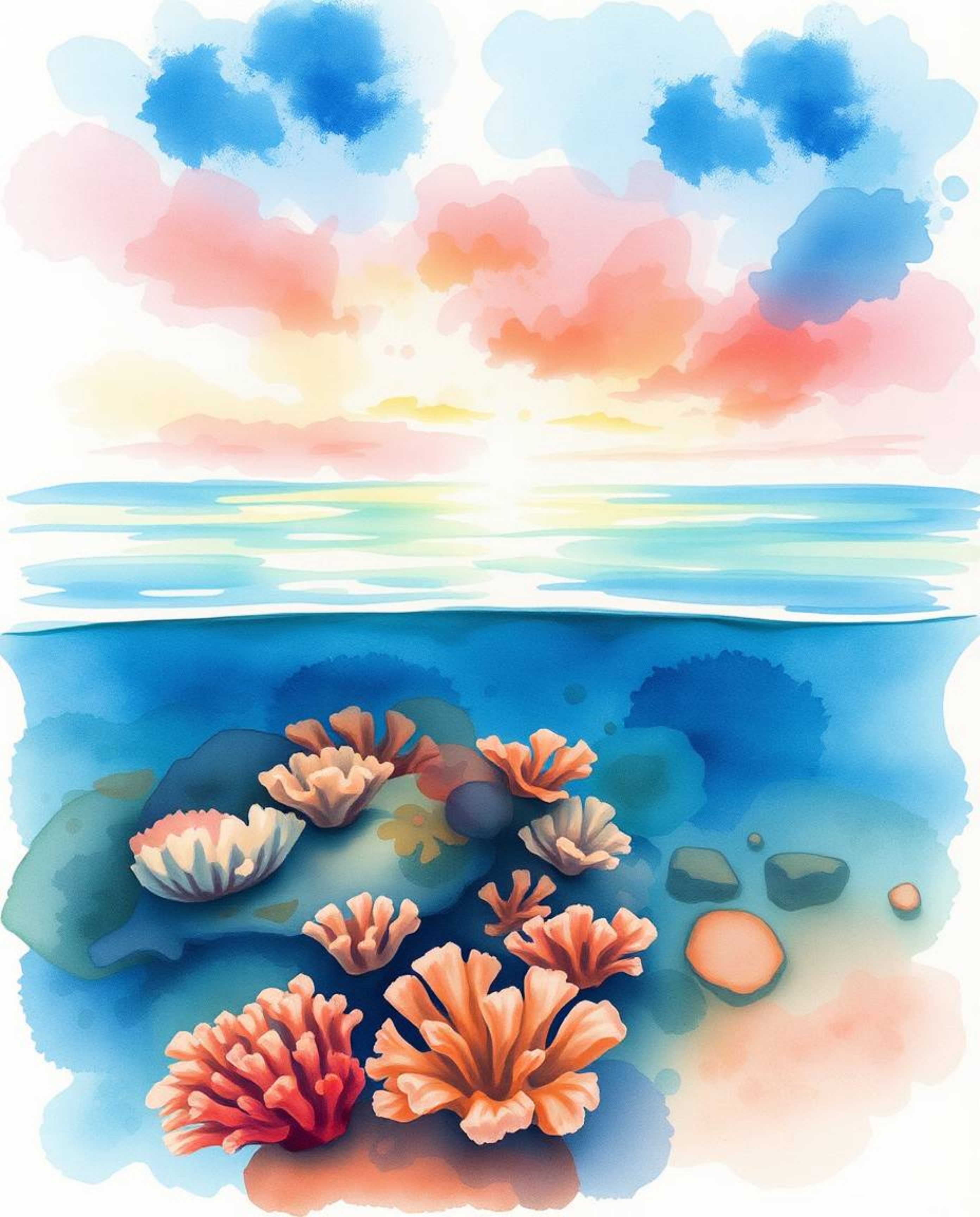A delicate watercolor painting captures a serene coral reef at low tide, set against the backdrop of a vividly colorful sky. 