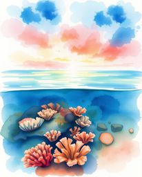 A delicate watercolor painting captures a serene coral reef at low tide, set against the backdrop of a vividly colorful sky. 