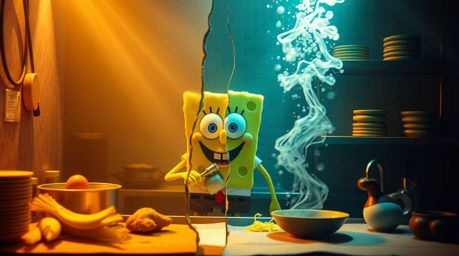 A distinct and creative photograph showcasing a sponge character joyfully cooking in an underwater kitchen. The artwork featu
