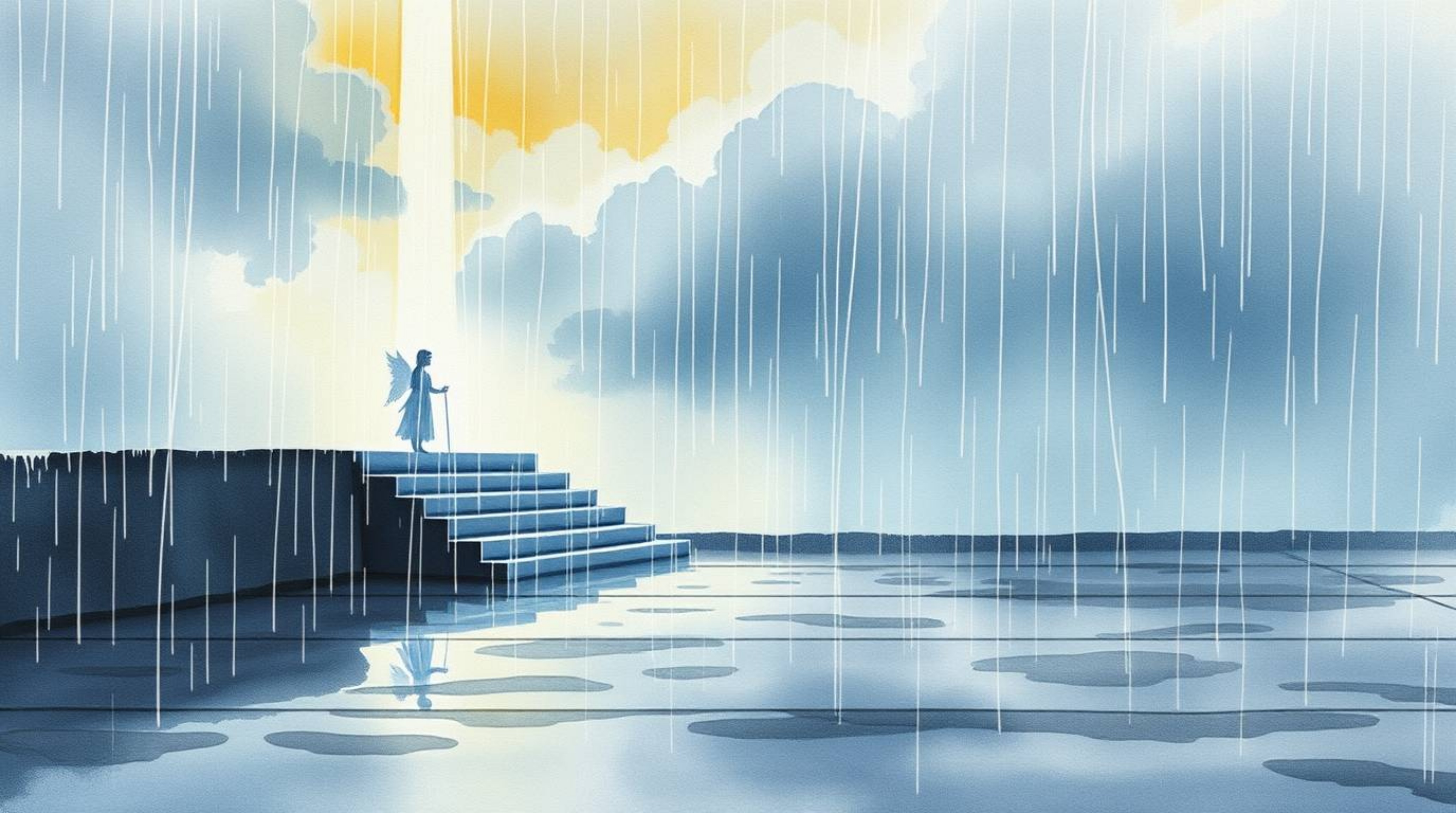 A delicate watercolor painting captures a dreamlike and peaceful rainy scene, featuring steps of light ascending into a cloud