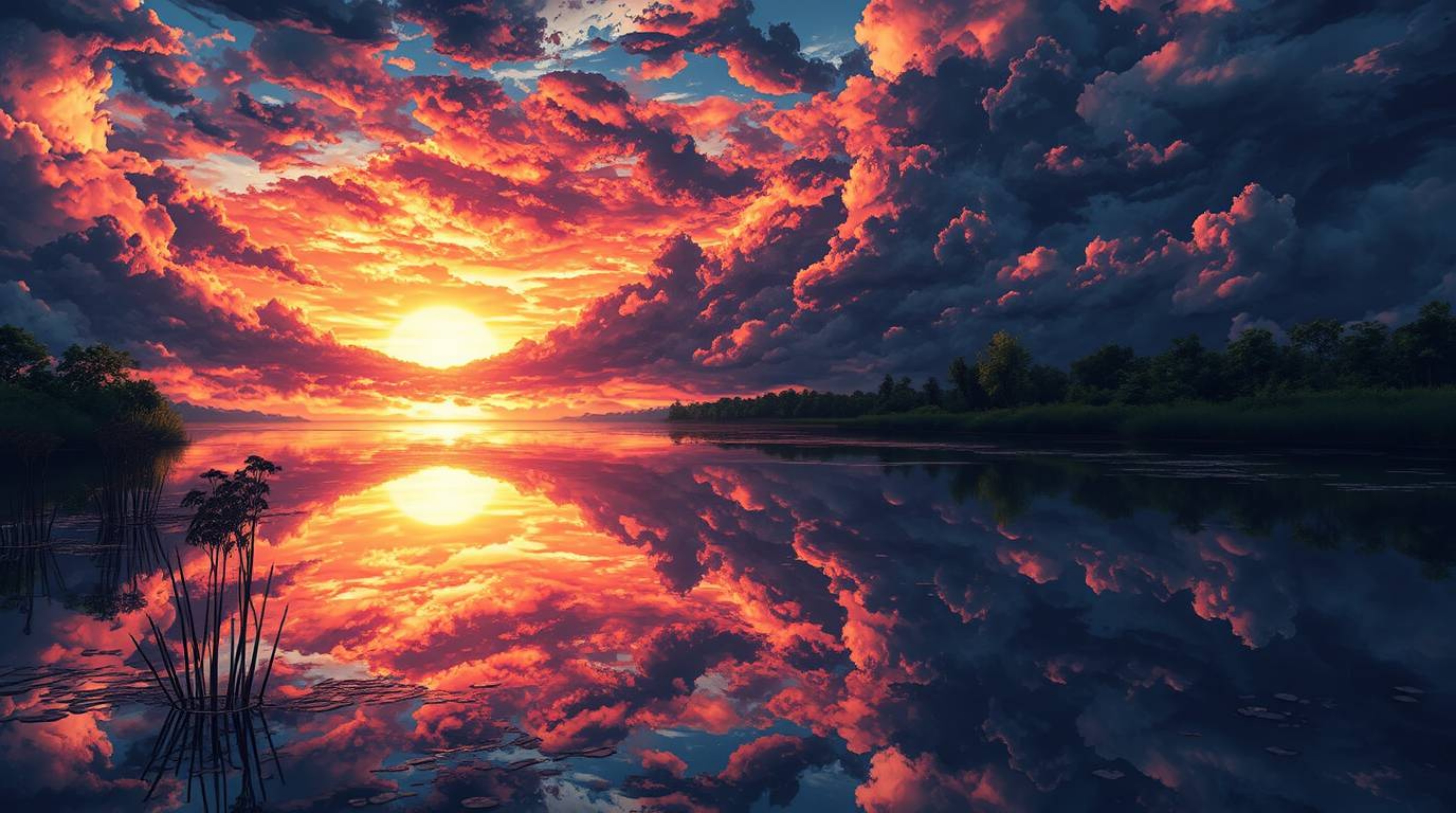 A captivating isekai-style anime image showcases a serene pond reflecting a vibrant sunset under a dramatic, stormy sky.  The