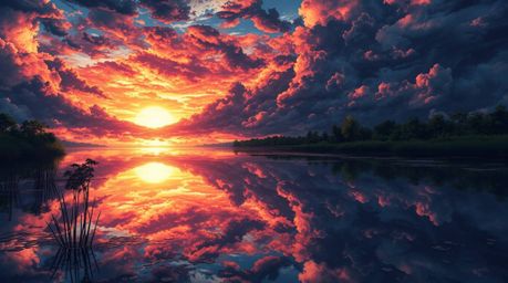 A captivating isekai-style anime image showcases a serene pond reflecting a vibrant sunset under a dramatic, stormy sky.  The