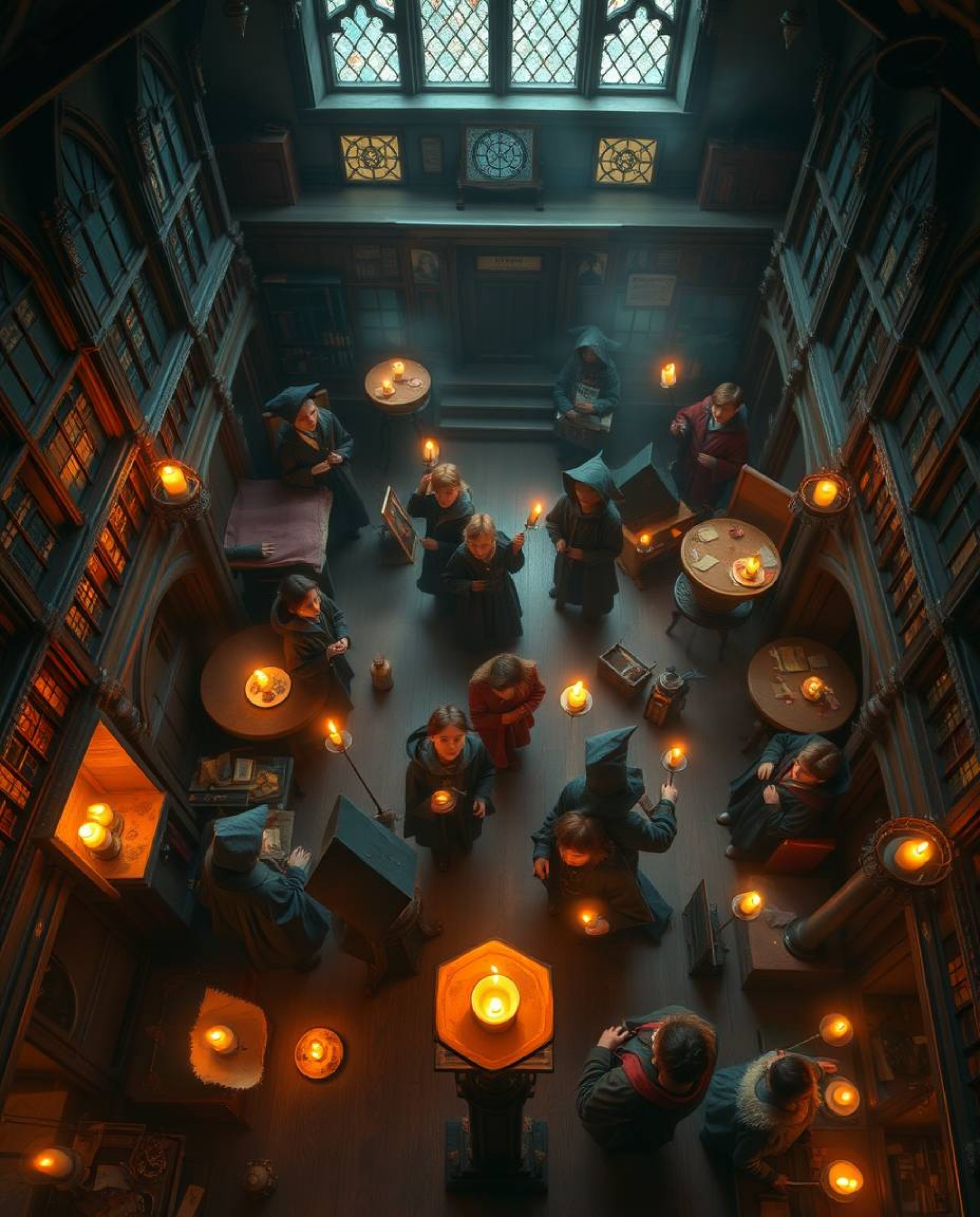Experience a breathtaking overhead bird's eye view of a magical school teeming with young wizards. Bask in the warm candlelig