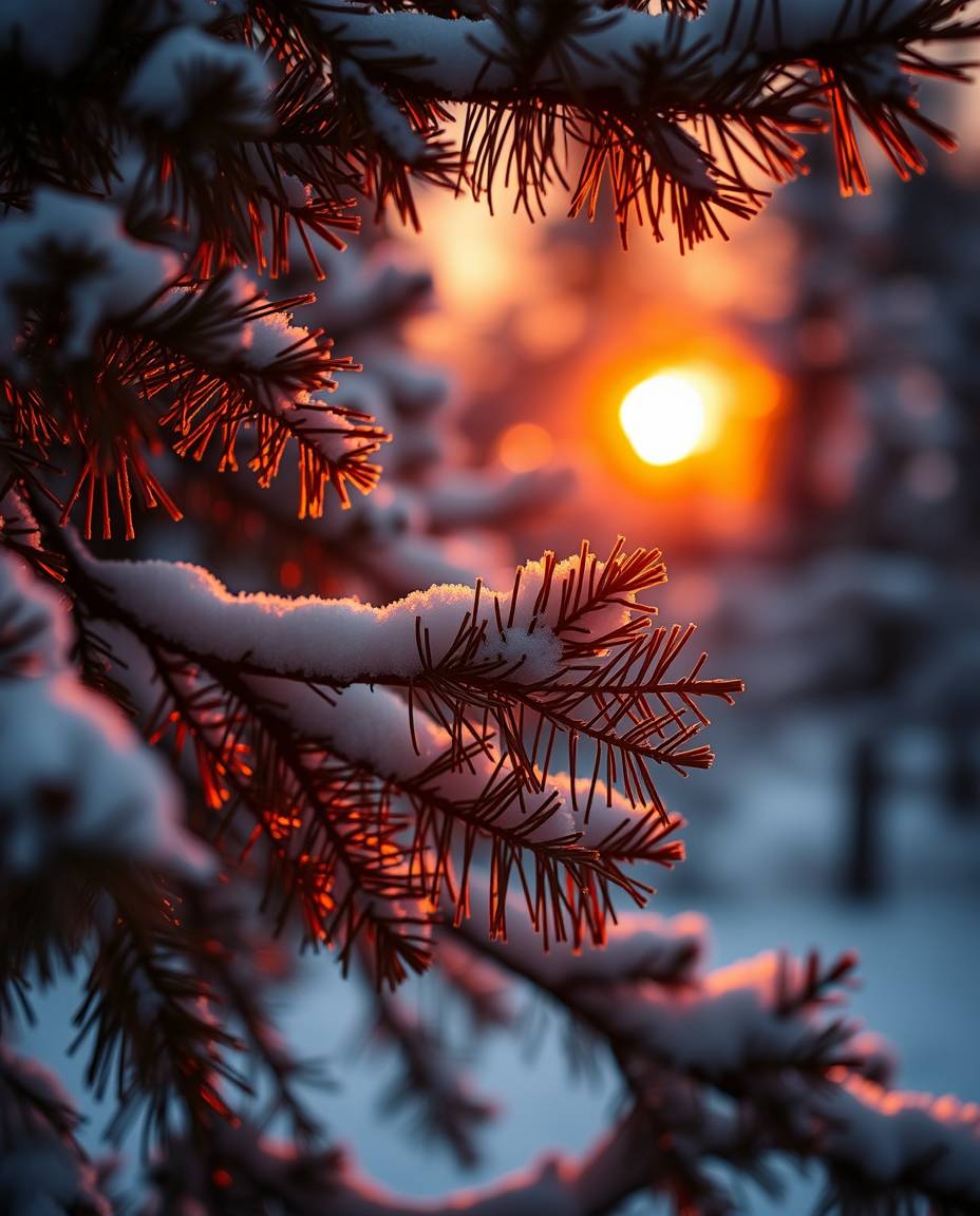 This image captures the unique sight of sunset light sparkling on snowy pine trees, infused with warm autumn colors for an ea