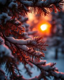 This image captures the unique sight of sunset light sparkling on snowy pine trees, infused with warm autumn colors for an ea