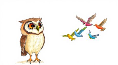 A heartwarming hand-drawn sketch in the style of Pixar depicts a gentle, blind owl with soft, feathery textures teaching a cl