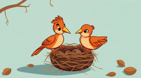 Delightful animation featuring two cartoon birds meticulously constructing a nest.  The artwork showcases a classic animation