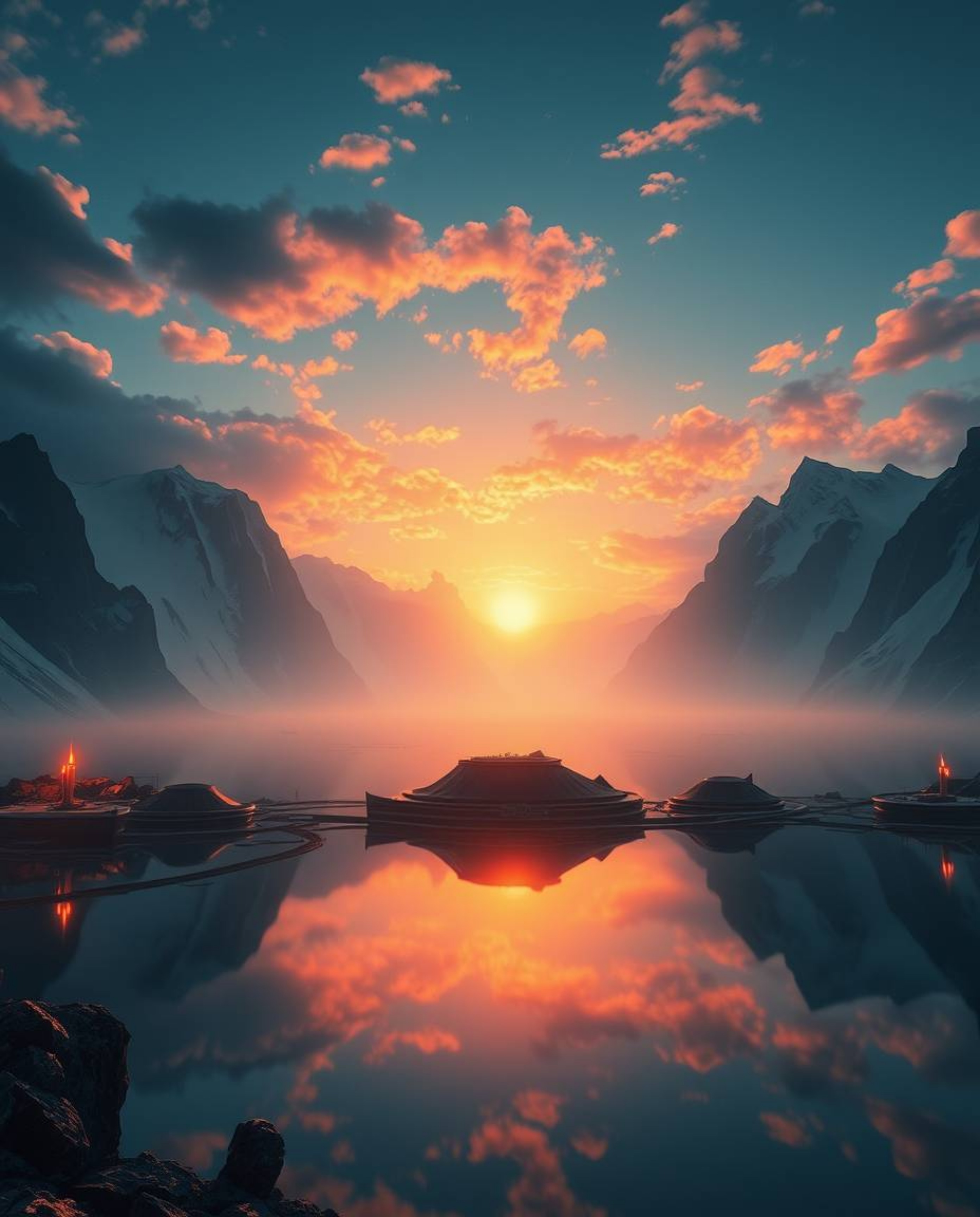 A modern and futuristic epic scene depicts a grand reflection of a sunset in a glassy fjord. Presented on a massive scale, th