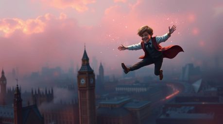 Experience a captivating digital painting featuring a young boy soaring above London, propelled by magical pixie dust. The ar