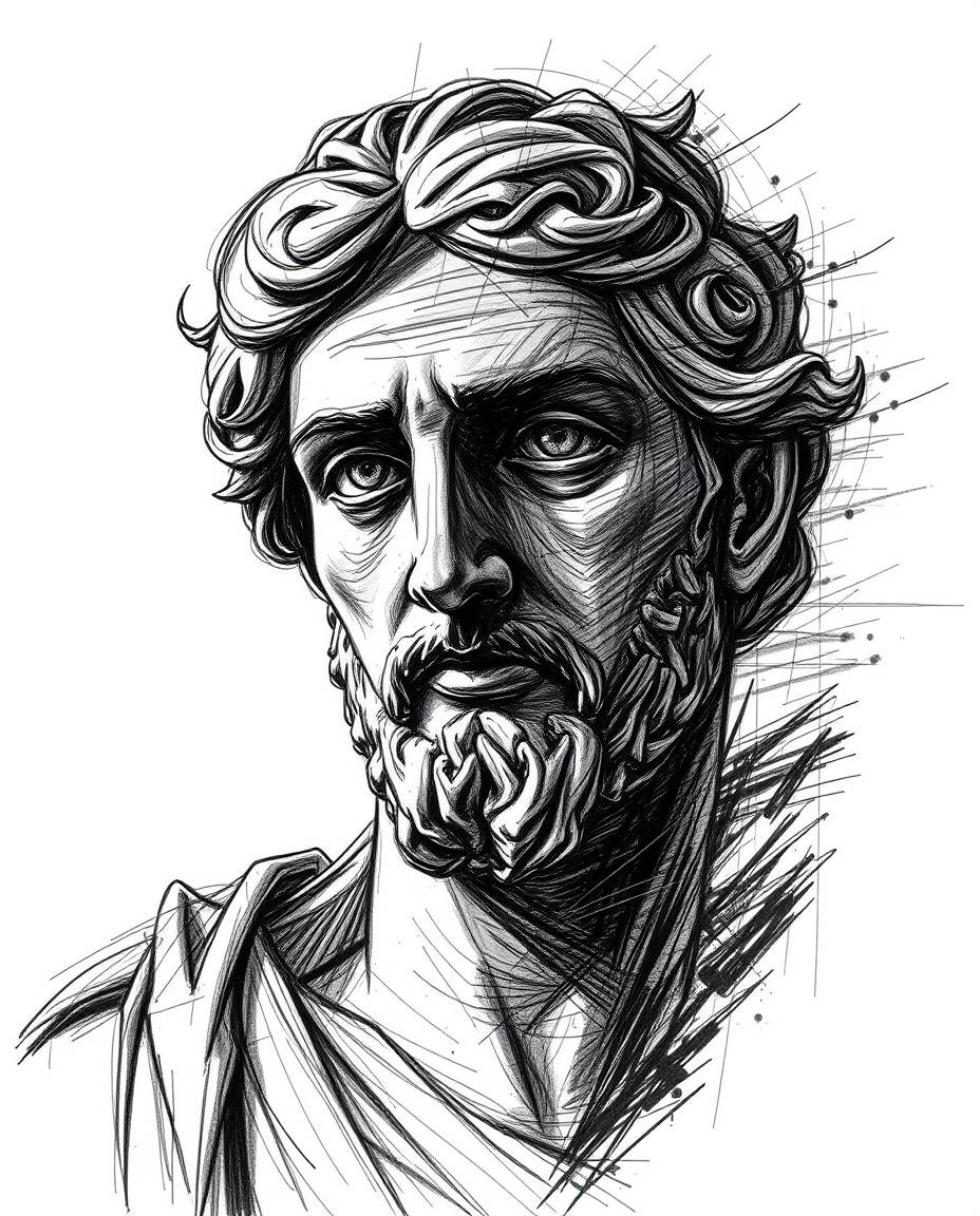 A captivating hand-drawn sketch depicts a classical sculpture infused with a striking glitch effect.  The artwork utilizes st