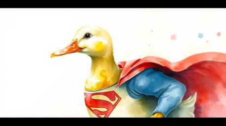 A delicate watercolor painting captures a duck in a whimsical superhero costume, rendered with translucent washes and fluid b