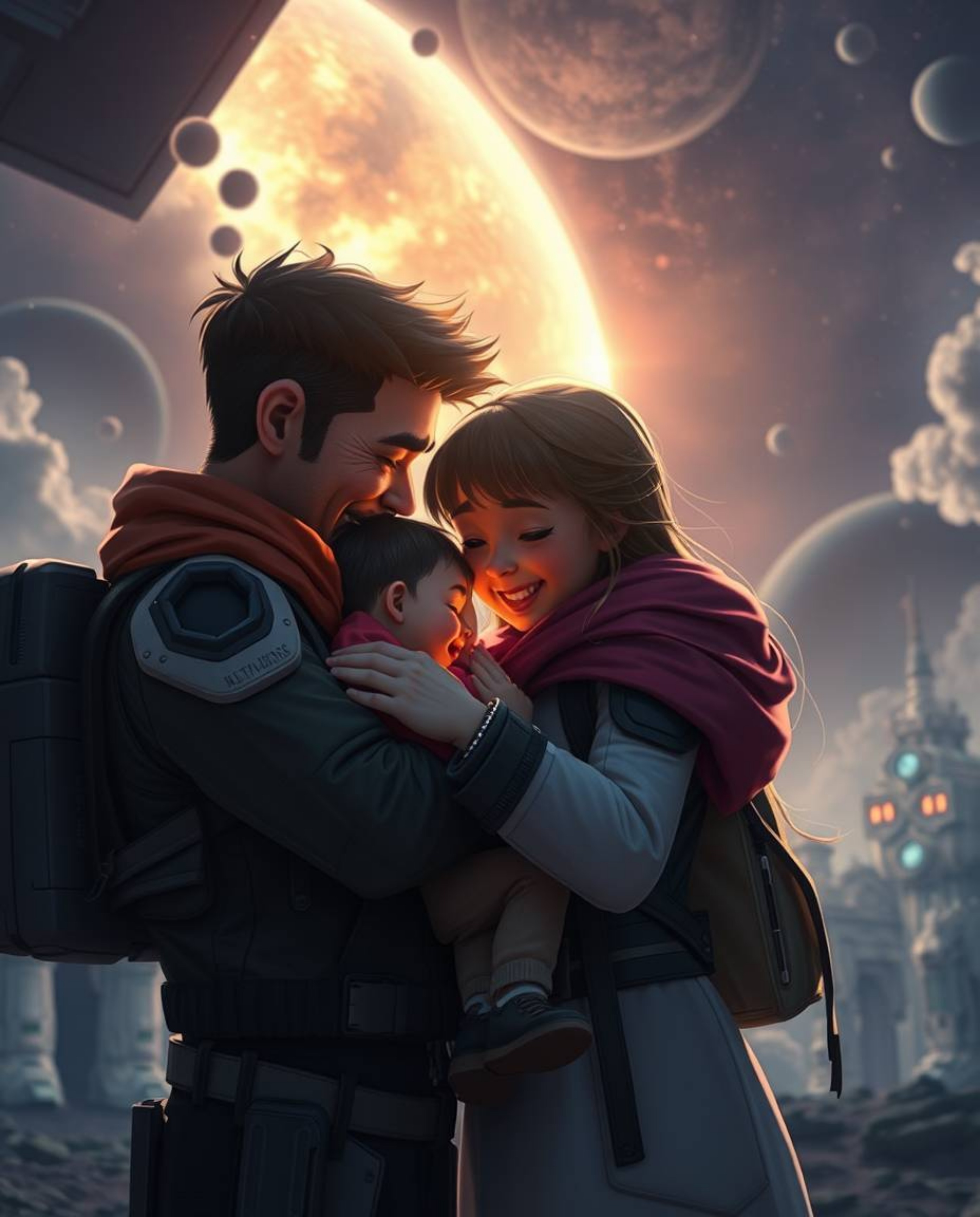 Experience a heartwarming family reunion depicted in a futuristic, sci-fi setting with a Pixar-inspired aesthetic. This grand