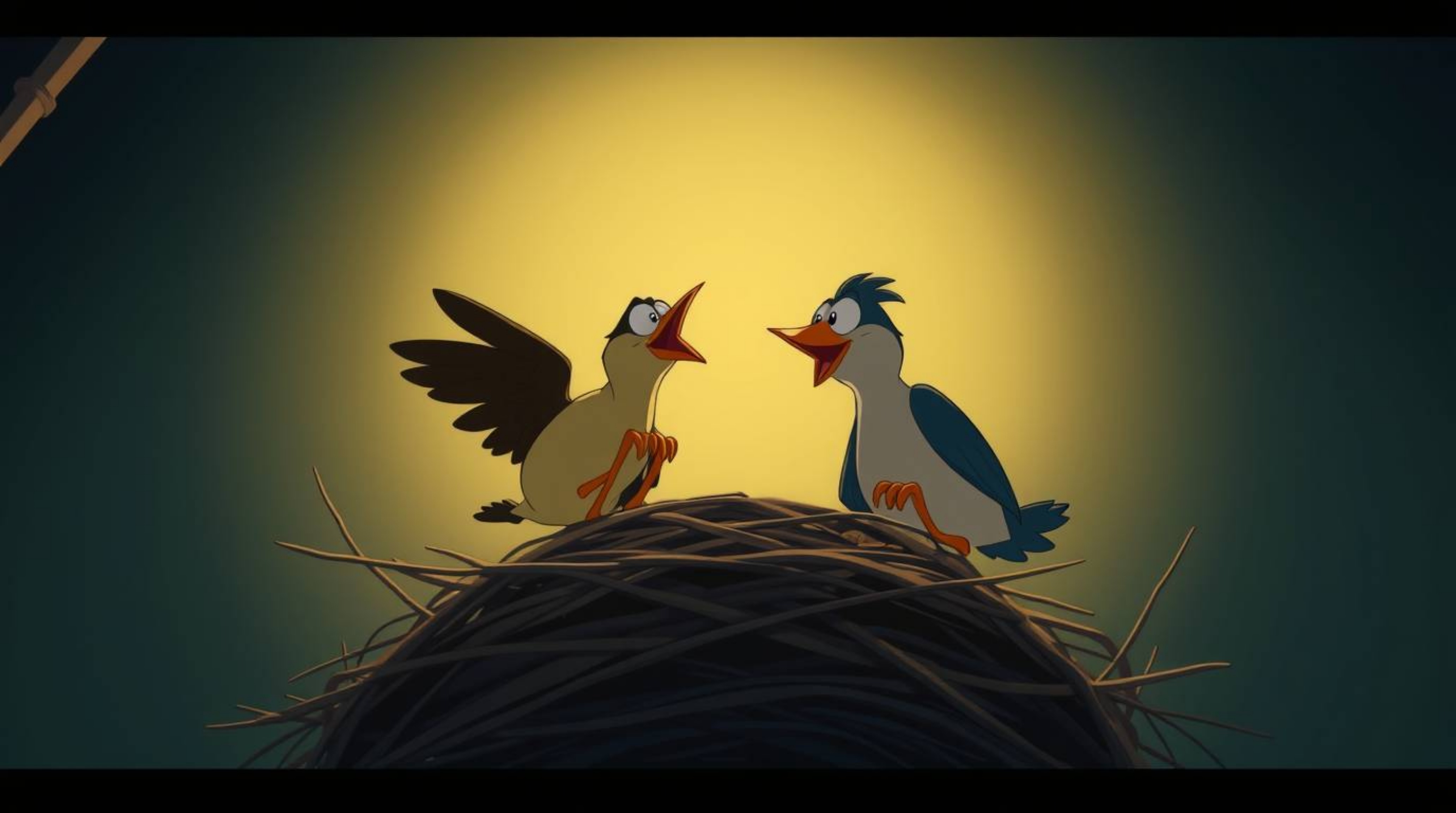 A captivating animation showcasing two cartoon birds diligently constructing their nest.  Rendered in a classic animation sty