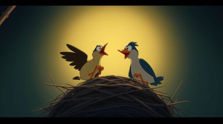 A captivating animation showcasing two cartoon birds diligently constructing their nest. Rendered in a classic animation sty