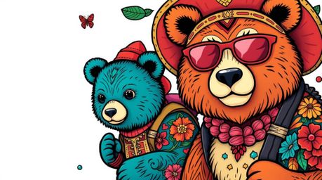 Embark on an adorable urban adventure with a charming bear family, depicted in vibrant colors and a retro flair. This complex