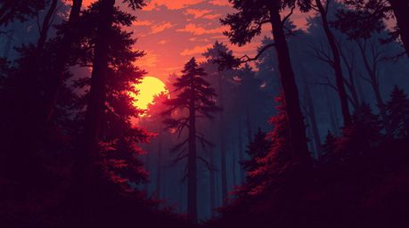 A captivating isekai-style anime illustration showcasing rich burgundy and deep blue hues.  Sunset light filters through a de